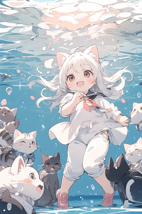 1girl, solo, blown hair, smile, in the school, red eyes, long hair, full body, white shirts, pants, white socks, dancing, ((a lot of cats swimming)), <lora:cat_20230627113759:0.8>