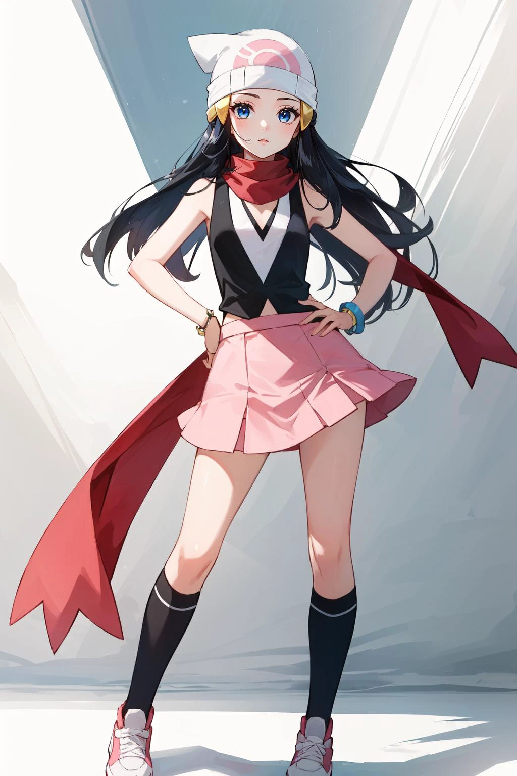 (masterpiece, best quality), intricate details,
1girl, <lora:pokemon dawn-lora-nochekaiser:0.8> pokemon dawn, black hair, blue eyes, sidelocks, long hair,, bare shoulders, beanie, black shirt, black socks, bracelet, hat, jewelry, kneehighs, miniskirt, pink skirt, red scarf, scarf, shirt, skirt, sleeveless, sleeveless shirt, white headwear,