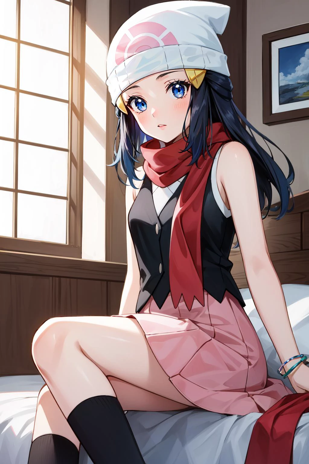 (masterpiece, best quality), intricate details,
1girl, <lora:pokemon dawn-lora-nochekaiser:0.8> pokemon dawn, black hair, blue eyes, sidelocks, long hair,, bare shoulders, beanie, black shirt, black socks, bracelet, hat, jewelry, kneehighs, miniskirt, pink skirt, red scarf, scarf, shirt, skirt, sleeveless, sleeveless shirt, white headwear,
indoors, penguin, bedroom,