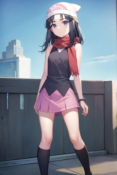pokemondawn, <lora:pokemon dawn-lora-nochekaiser:1>,
pokemon dawn, black hair, blue eyes, sidelocks, long hair, (small breasts:1.2),
BREAK bare shoulders, beanie, black shirt, black socks, bracelet, hat, jewelry, kneehighs, miniskirt, pink skirt, red scarf, scarf, shirt, skirt, sleeveless, sleeveless shirt, white headwear,
BREAK looking at viewer, upper body,
BREAK outdoors, city, sky,
BREAK <lyco:GoodHands-beta2:1>, (masterpiece:1.2), best quality, high resolution, unity 8k wallpaper, (illustration:0.8), (beautiful detailed eyes:1.6), extremely detailed face, perfect lighting, extremely detailed CG, (perfect hands, perfect anatomy),