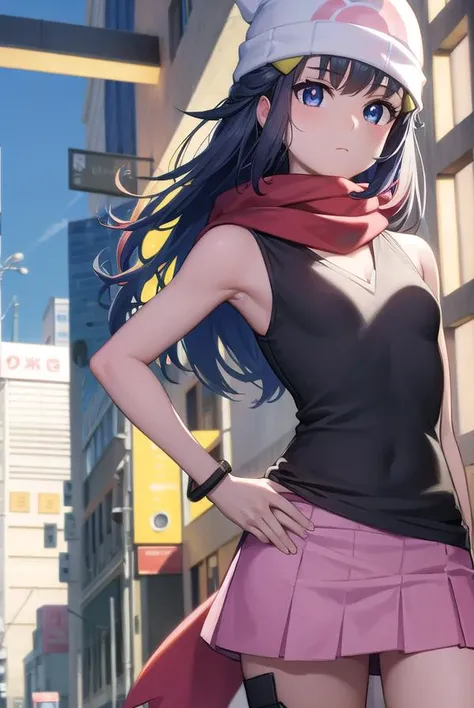 pokemondawn, <lora:pokemon dawn-lora-nochekaiser:1>,
pokemon dawn, black hair, blue eyes, sidelocks, long hair, (small breasts:1.2),
BREAK bare shoulders, beanie, black shirt, black socks, bracelet, hat, jewelry, kneehighs, miniskirt, pink skirt, red scarf, scarf, shirt, skirt, sleeveless, sleeveless shirt, white headwear,
BREAK looking at viewer, upper body,
BREAK outdoors, city, sky,
BREAK <lyco:GoodHands-beta2:1>, (masterpiece:1.2), best quality, high resolution, unity 8k wallpaper, (illustration:0.8), (beautiful detailed eyes:1.6), extremely detailed face, perfect lighting, extremely detailed CG, (perfect hands, perfect anatomy),