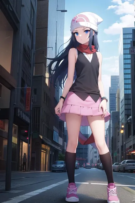 pokemondawn, <lora:pokemon dawn-lora-nochekaiser:1>,
pokemon dawn, black hair, blue eyes, sidelocks, long hair, (small breasts:1.2),
BREAK bare shoulders, beanie, black shirt, black socks, bracelet, hat, jewelry, kneehighs, miniskirt, pink skirt, red scarf, scarf, shirt, skirt, sleeveless, sleeveless shirt, white headwear,
BREAK looking at viewer, (full body:1.2), upper body,
BREAK outdoors, city, sky,
BREAK <lyco:GoodHands-beta2:1>, (masterpiece:1.2), best quality, high resolution, unity 8k wallpaper, (illustration:0.8), (beautiful detailed eyes:1.6), extremely detailed face, perfect lighting, extremely detailed CG, (perfect hands, perfect anatomy),