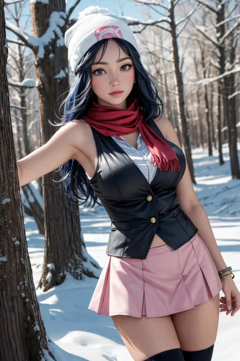 (ultra realistic,32k, masterpiece:1.2),(high detailed skin:1.1),( high quality:1.1),
pokemon dawn, blue hair, (blue eyes:0.8), sidelocks, long hair,bare shoulders, beanie, black shirt, black socks, bracelet, hat, jewelry, kneehighs, miniskirt, pink skirt, red scarf, scarf, shirt, skirt, sleeveless, sleeveless shirt, white headwear,snowy forest, snow,, fighting pose, (huge breast,large breast,:0.9),(radiant:1.1),