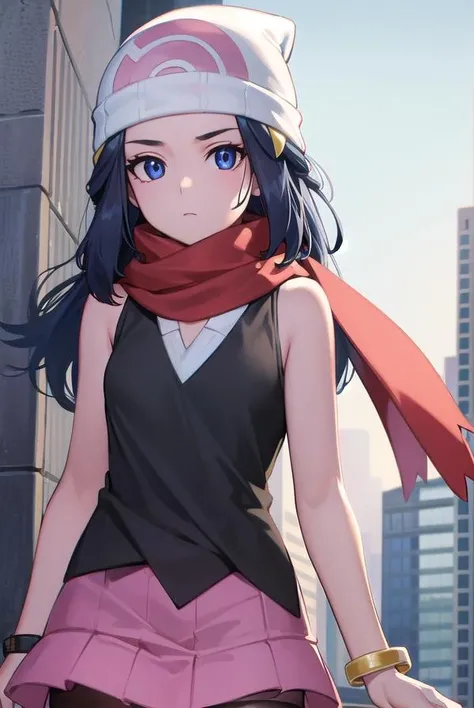 pokemondawn, <lora:pokemon dawn-lora-nochekaiser:1>,
pokemon dawn, black hair, blue eyes, sidelocks, long hair, (small breasts:1.2),
BREAK bare shoulders, beanie, black shirt, black socks, bracelet, hat, jewelry, kneehighs, miniskirt, pink skirt, red scarf, scarf, shirt, skirt, sleeveless, sleeveless shirt, white headwear,
BREAK looking at viewer, upper body,
BREAK outdoors, city, sky,
BREAK <lyco:GoodHands-beta2:1>, (masterpiece:1.2), best quality, high resolution, unity 8k wallpaper, (illustration:0.8), (beautiful detailed eyes:1.6), extremely detailed face, perfect lighting, extremely detailed CG, (perfect hands, perfect anatomy),
