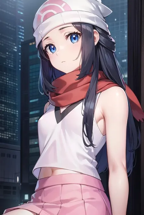 pokemondawn, <lora:pokemon dawn-lora-nochekaiser:1>,
pokemon dawn, black hair, blue eyes, sidelocks, long hair, (small breasts:1.2),
BREAK bare shoulders, beanie, black shirt, black socks, bracelet, hat, jewelry, kneehighs, miniskirt, pink skirt, red scarf, scarf, shirt, skirt, sleeveless, sleeveless shirt, white headwear,
BREAK looking at viewer, (full body:1.2), upper body,
BREAK outdoors, city, sky,
BREAK <lyco:GoodHands-beta2:1>, (masterpiece:1.2), best quality, high resolution, unity 8k wallpaper, (illustration:0.8), (beautiful detailed eyes:1.6), extremely detailed face, perfect lighting, extremely detailed CG, (perfect hands, perfect anatomy),