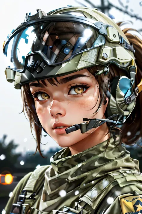 blasco, yellow eyes, dirty face, helmet, goggles on helmet, headset, ponytail, military clothes, bulletproof vest, shoulder pads, looking at viewer, serious, parted lips, close up, outside, park, snow, winter, bokeh, high quality, masterpiece,  <lora:blasco-08:.8>