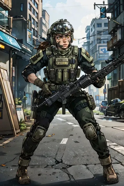 blasco, yellow eyes, dirty face, helmet, goggles on helmet, military clothes, bulletproof vest, gloves, knee pads, looking serious, angry, action shot, holding rifle, gun, outside, warzone, city, high quality, masterpiece,  <lora:blasco-08:.8>