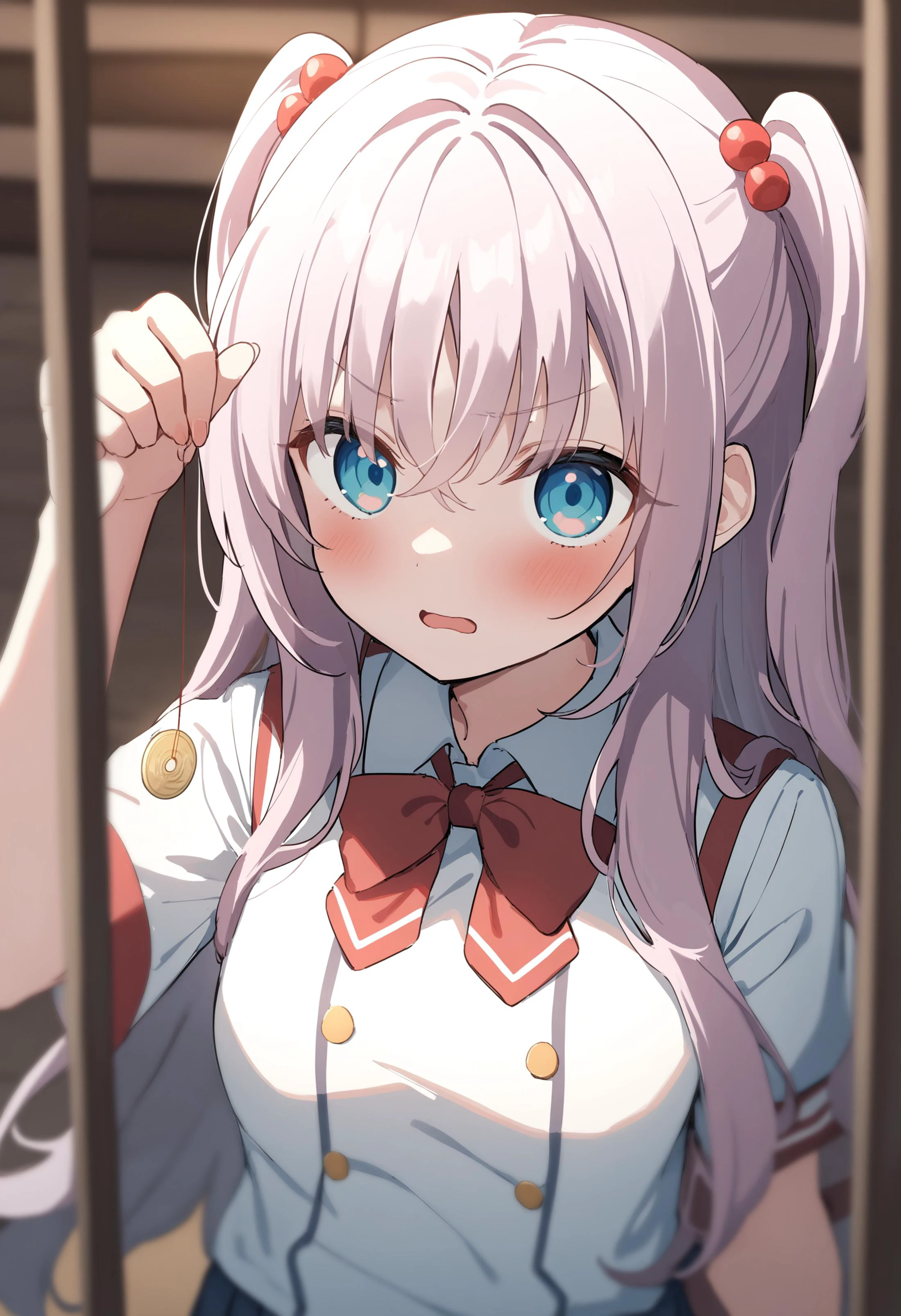 1girl,sincos, ningen mame, toosaka asagi,solo,medium breasts,school uniform,
hypnosis, mind control,looking at viewer, hand up, coin on string, <lora:hypnosis_XL_v1:0.7>
portrait, white hair, silver eyes,disdain, in bars, open mouth, two side up hair,
best quality, very aesthetic, absurdres