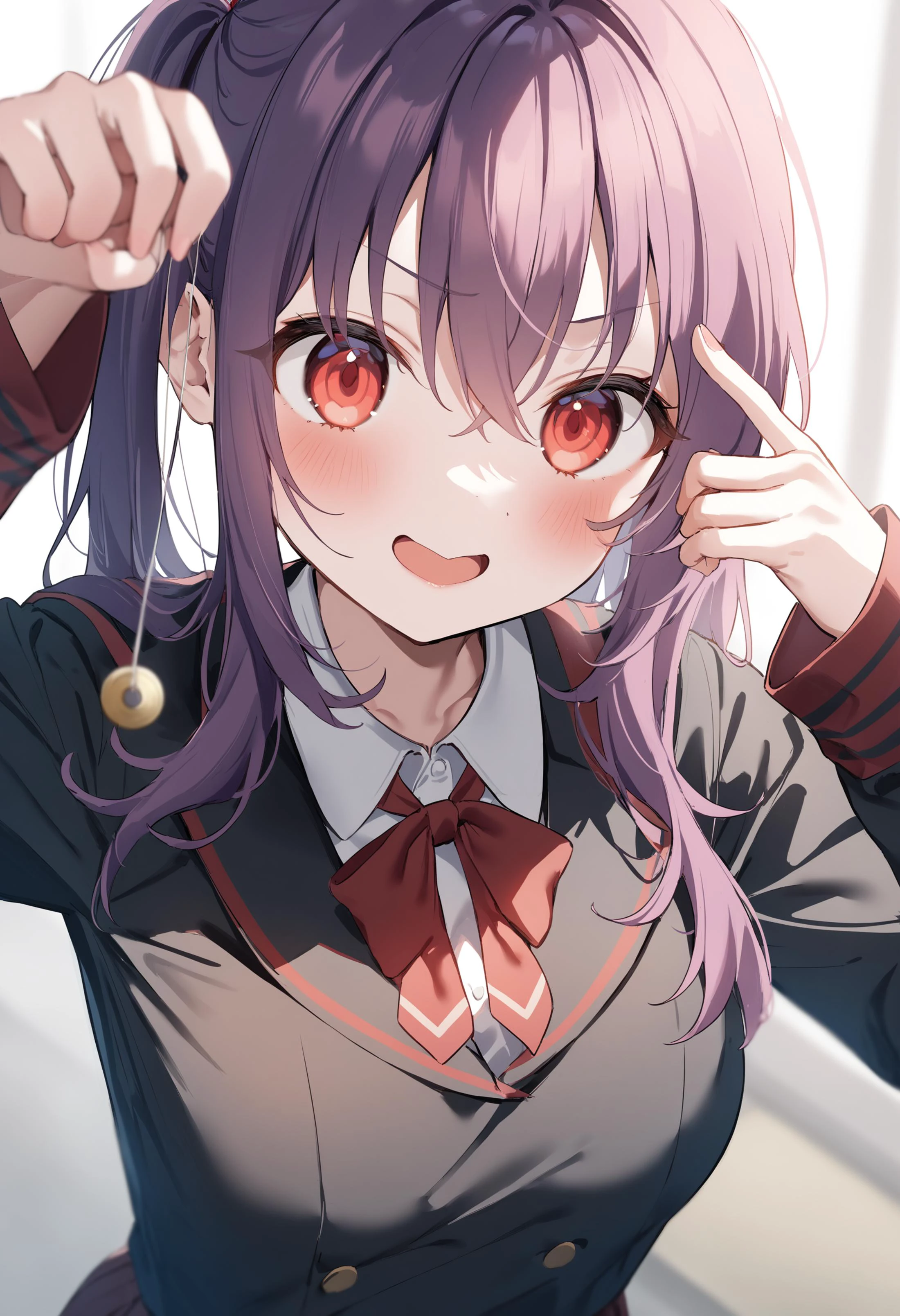 1girl,sincos, ningen mame, toosaka asagi,solo,medium breasts,school uniform,
hypnosis, mind control,looking at viewer, hand up, coin on string, <lora:hypnosis_XL_v1:0.7>
upper body, purple hair, red eyes,fingersmile, cityspace, open mouth, multi-tied hair,
best quality, very aesthetic, absurdres