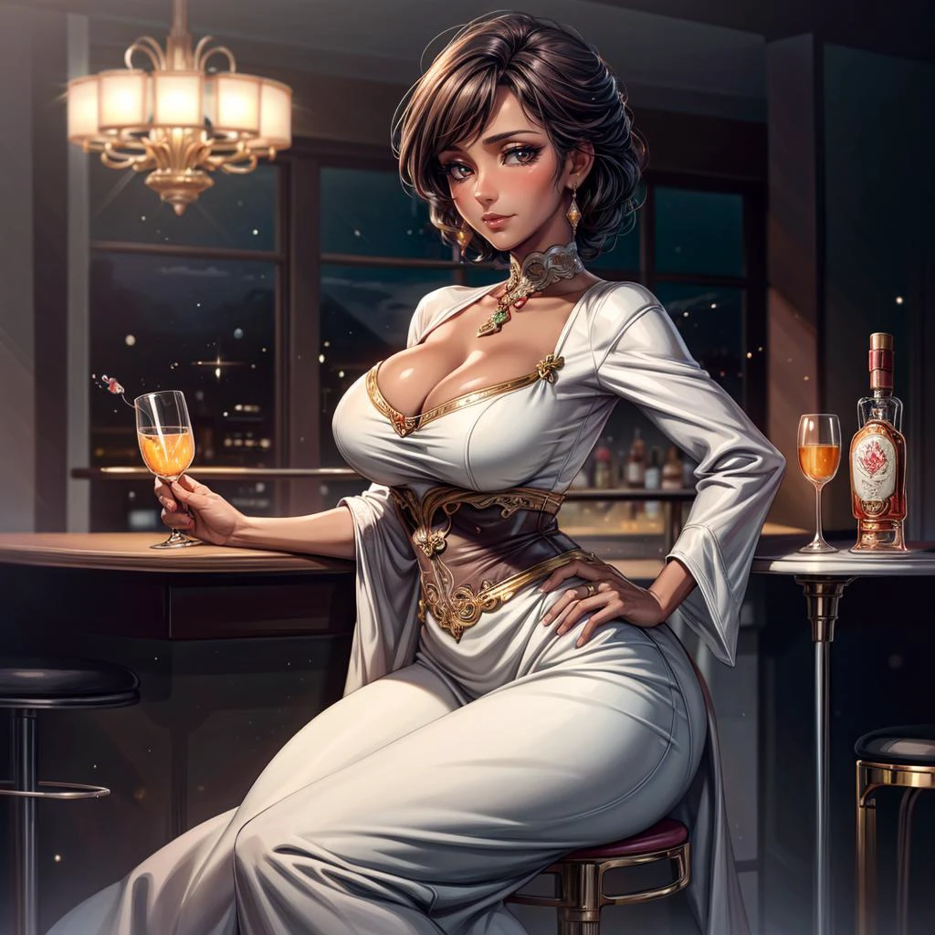 art nouveau, liquor ad, tequila, beautiful woman, mature female, latina, full body, holding drinking glass, high quality, masterpiece, best quality, <lora:CocktailWorld:1> <lora:more_details:1> left hand on hip, sitting on top of bar, detailed eyes, light blush, senorita, vibrant color, soft lighting, dark-skinned female,