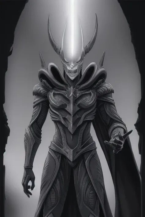Illustration, SAURON, XENO, masterpiece, sound, empty hands, looking at viewer, white and black colors, Graphite, BLEACH STYLE, by Kentaro Miura