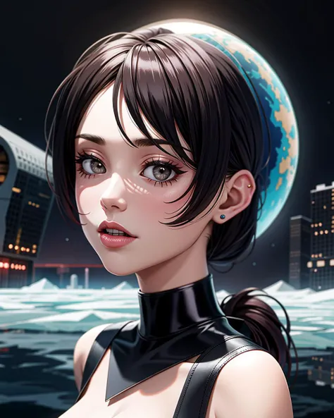 ((masterpiece), best quality, high quality, professional quality, highly detailed, highres, perfect lighting, natural lighting), portrait, eldritch, Infected human with a terrifying transformation, Tan Skin, Brunette with a high ponytail and sleek straight hair, silver metallic lipstick, with a lake reflection in the background,holographic, interstellar spaceship, A planet with a thick, toxic atmosphere, forcing its inhabitants to live in domed cities or underground bunkers., Ice Planet, gargoyle, wraith