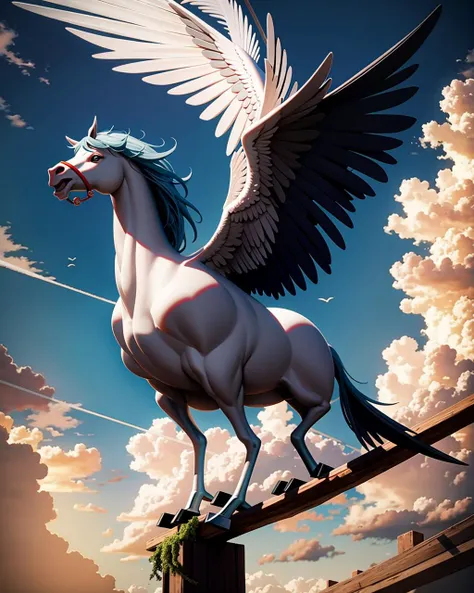 ((masterpiece), best quality, high quality, professional quality, highly detailed, highres, perfect lighting, natural lighting), pegasus, perching, on clouds