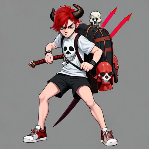 fantasy boy with two swords, a skull sword, a helmet, a cap with horns, red hair sticking out from under the helmet, wearing sneakers, a T-shirt, with a backpack, an angry face, detailed, bright colors,