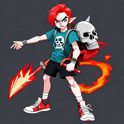 fantasy boy in a cartoon style with two swords, a skull sword, a helmet, a cap with horns, red hair sticking out from under the helmet, wearing sneakers, a T-shirt, with a backpack, an angry face, detailed, bright colors, comix graphics.