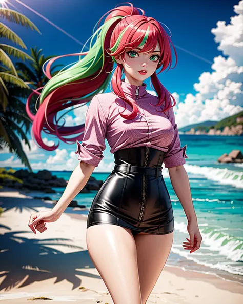 ((masterpiece), best quality, high quality, professional quality, highly detailed, highres, perfect lighting, natural lighting), (1girl, beautiful, medium breasts, (multicolored hair, red hair,green hair,pink hair, long hair, high ponytail), perfecteyes eyes), (wearing leather texture print, extremelyBeautiful_beautifulclotheswild/Extremely beautiful clothes), on the beach, walking the boardwalk, <lyco:locon_perfecteyes_v1_from_v1_64_32:0.6>