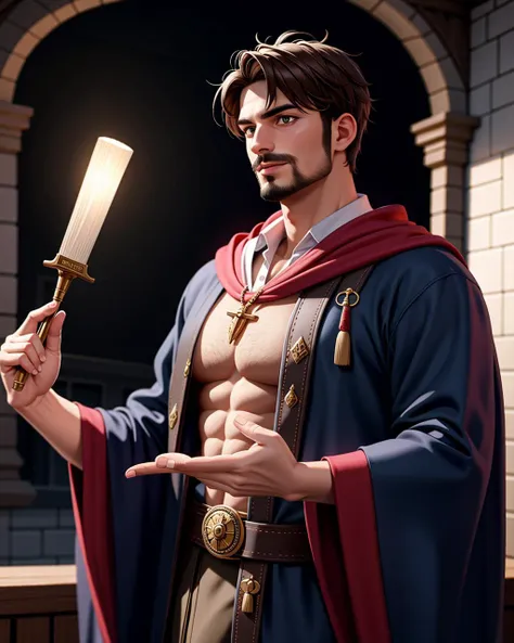((masterpiece), best quality, high quality, professional quality, highly detailed, highres, perfect lighting, natural lighting), (1boy, muscular, handsome, facial hair, short hair, brown hair), wearing wizard robes, casting a spell, in a castle