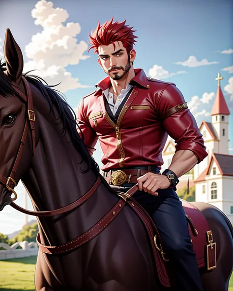 ((masterpiece), best quality, high quality, professional quality, highly detailed, highres, perfect lighting, natural lighting), (1boy, muscular, handsome, facial hair, short hair, red hair), wearing fantasy clothing, riding a horse, in a fantasy town