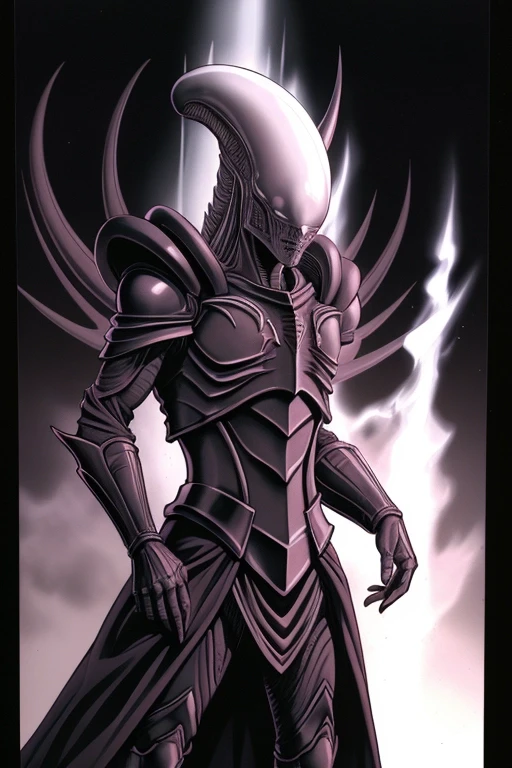 Illustration, SAURON, XENO, masterpiece, sound, empty hands, looking at viewer, white and black colors, Graphite, BLEACH STYLE, by Kentaro Miura