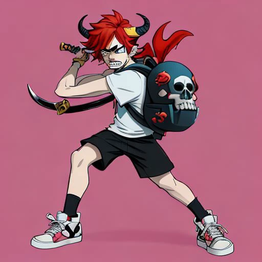 fantasy boy in a cartoon style with two swords, a skull sword, a helmet, a cap with horns, red hair sticking out from under the helmet, wearing sneakers, a T-shirt, with a backpack, an angry face, detailed, bright colors, comix graphics.