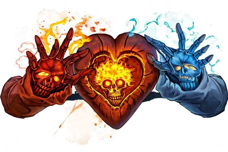 Three fiery anatomical hearts