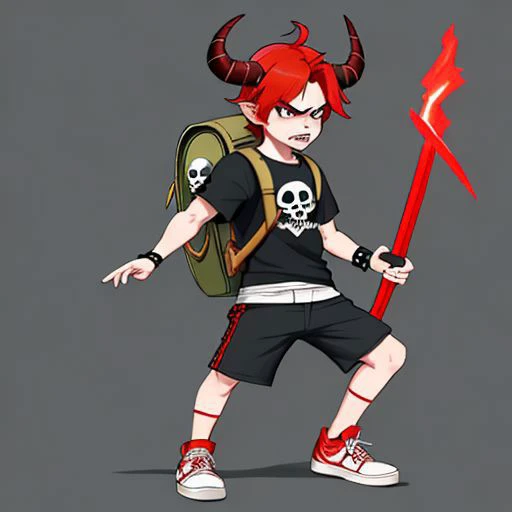 fantasy boy with two swords, a skull sword, a helmet, a cap with horns, red hair sticking out from under the helmet, wearing sneakers, a T-shirt, with a backpack, an angry face, detailed, bright colors,