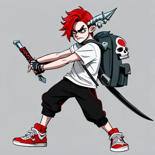 fantasy boy in a cartoon style with two swords, a skull sword, a helmet, a cap with horns, red hair sticking out from under the helmet, wearing sneakers, a T-shirt, with a backpack, an angry face, detailed, bright colors, comix graphics.