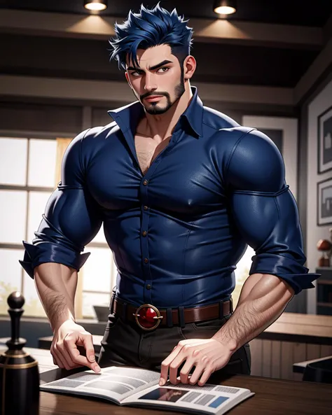 ((masterpiece), best quality, high quality, professional quality, highly detailed, highres, perfect lighting, natural lighting), (1boy, muscular, handsome, facial hair, short hair, blue hair), wearing fantasy clothing, casting a spell, on a battlefield