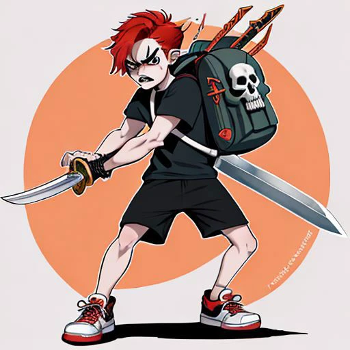fantasy boy in a cartoon style with two swords, a skull sword, a helmet, a cap with horns, red hair sticking out from under the helmet, wearing sneakers, a T-shirt, with a backpack, an angry face, detailed, bright colors, comix graphics.