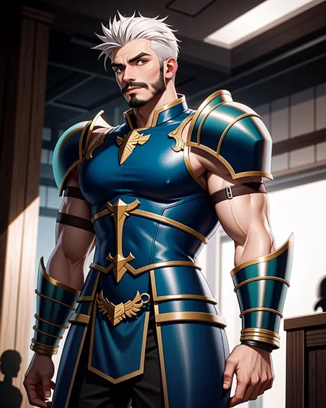 ((masterpiece), best quality, high quality, professional quality, highly detailed, highres, perfect lighting, natural lighting), (1boy, muscular, handsome, facial hair, short hair, white hair), wearing armor, fighting, on a battlefield