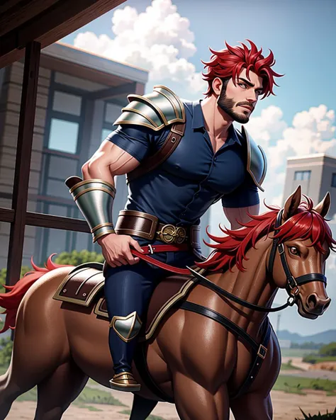 ((masterpiece), best quality, high quality, professional quality, highly detailed, highres, perfect lighting, natural lighting), (1boy, muscular, handsome, facial hair, short hair, red hair), wearing armor, riding a dragon, on a battlefield