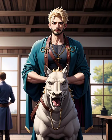 ((masterpiece), best quality, high quality, professional quality, highly detailed, highres, perfect lighting, natural lighting), (1boy, muscular, handsome, facial hair, short hair, blonde hair), wearing wizard robes, riding a dragon, on a battlefield