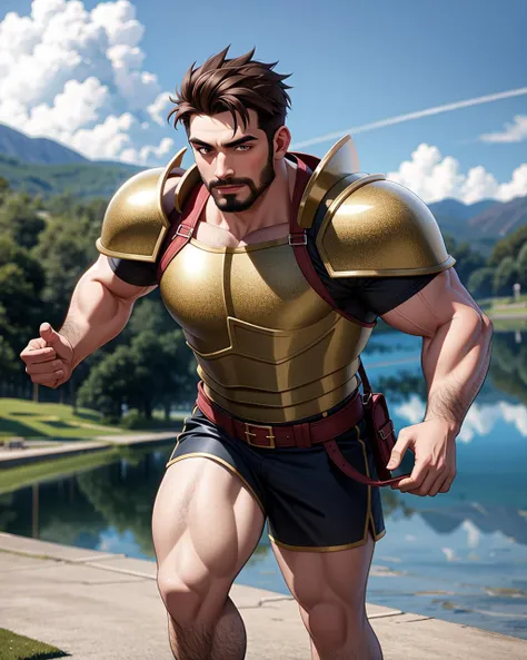 ((masterpiece), best quality, high quality, professional quality, highly detailed, highres, perfect lighting, natural lighting), (1boy, muscular, handsome, facial hair, short hair, brown hair), wearing armor, running, by a lake