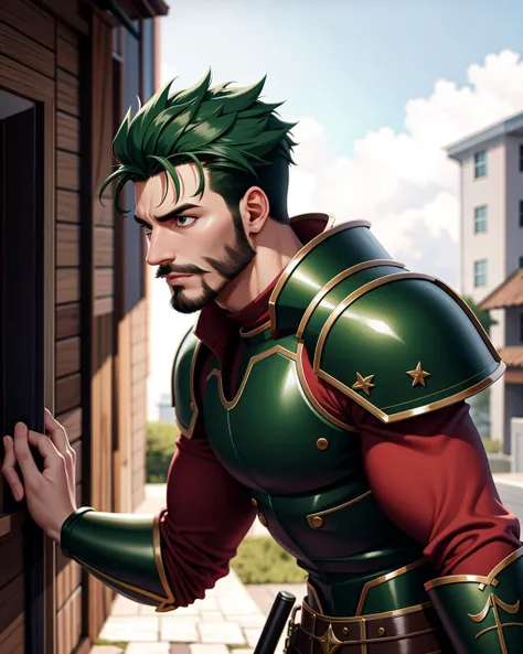 ((masterpiece), best quality, high quality, professional quality, highly detailed, highres, perfect lighting, natural lighting), (1boy, muscular, handsome, facial hair, short hair, green hair), wearing armor, fighting, outdoors