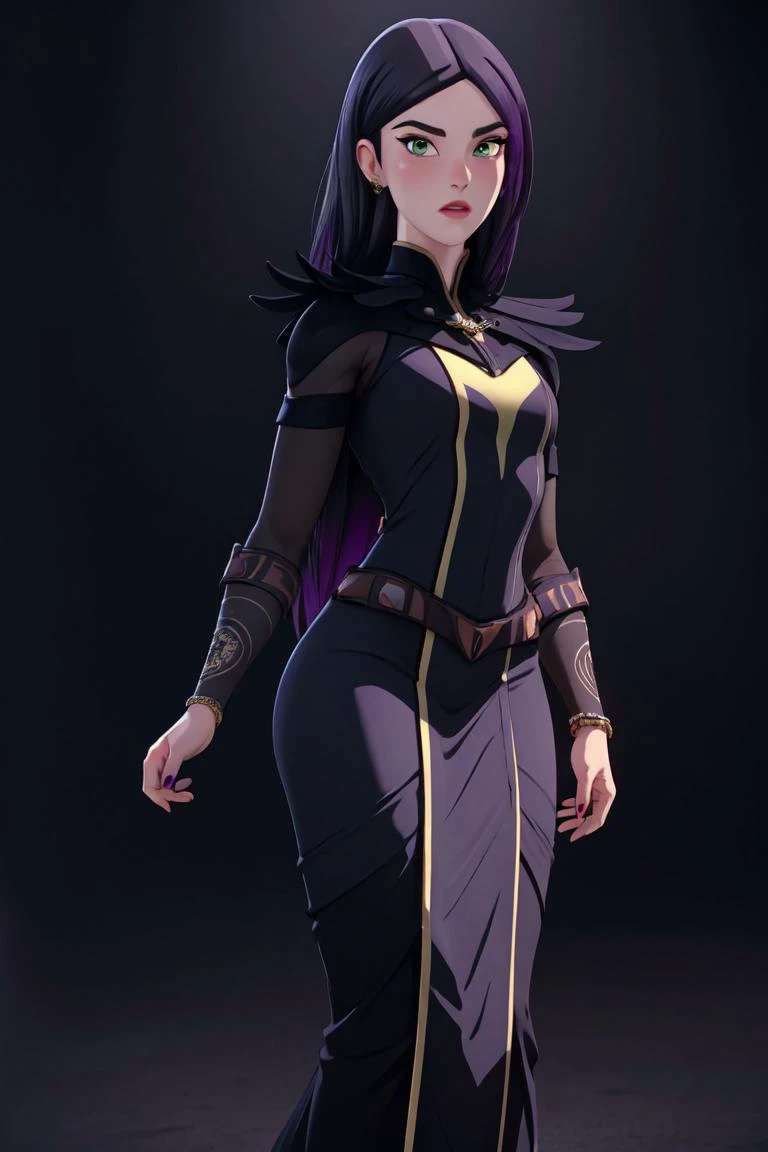 (Claudia), black dress, long hair, green eyes, (black and purple background, dark background:1.2), (realistic:1.2), (masterpiece:1.2), (full-body-shot:1),(Cowboy-shot:1.2), dark romantic lighting, (highly detailed:1.2), (detailed face:1.2), (gradients), colorful, detailed eyes, (natural lighting:1.2), solo, <lora:add_detail:0.3> <lora:DragonPrinceClaudia-10:0.8> <lora:BeautifulEyes:0.3>