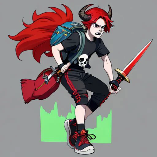 fantasy boy with two swords, a skull sword, a helmet, a cap with horns, red hair sticking out from under the helmet, wearing sneakers, a T-shirt, with a backpack, an angry face, detailed, bright colors,