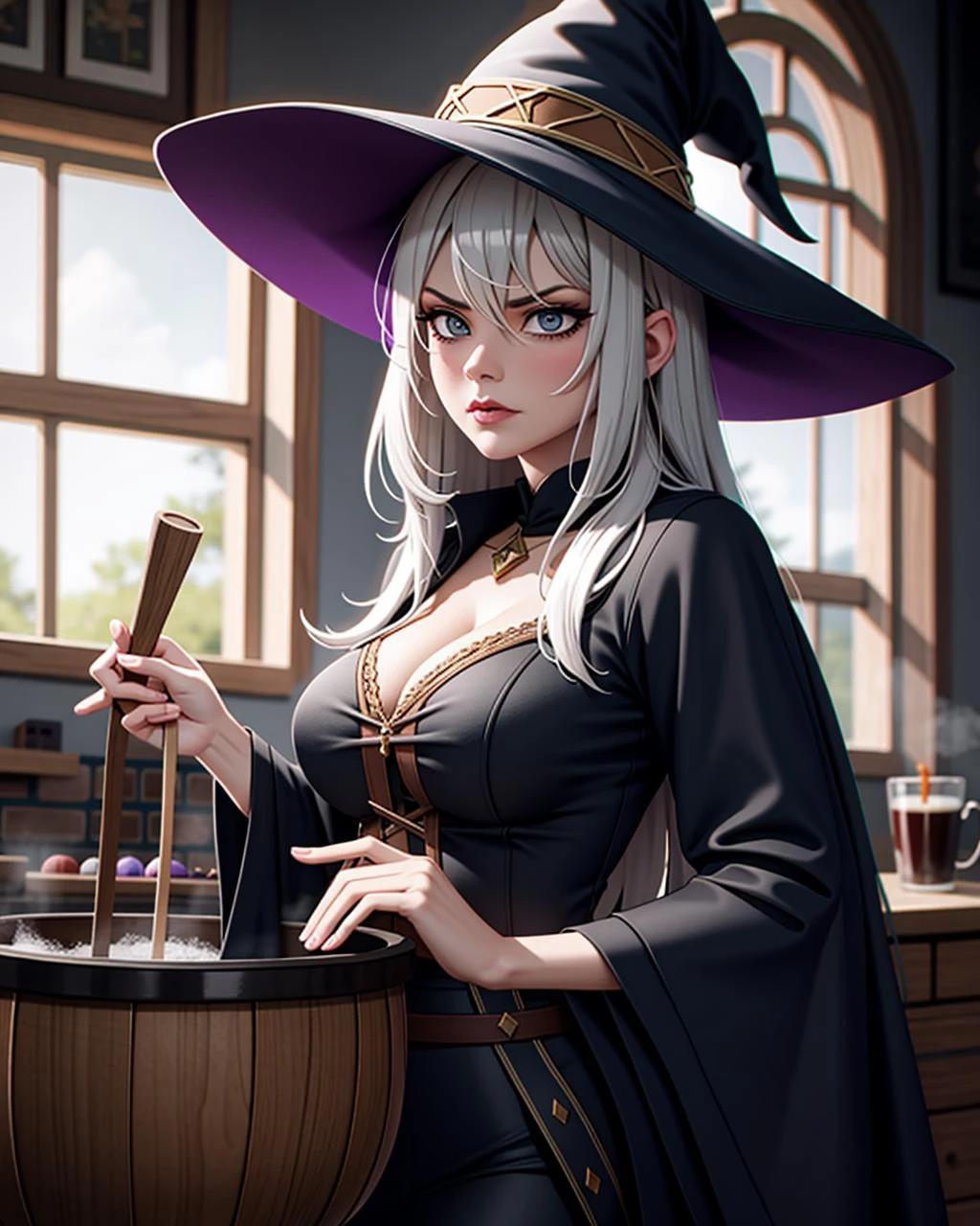 ((masterpiece), best quality, high quality, professional quality, highly detailed, highres, perfect lighting, natural lighting), sexy witch, wearing damaged fantasy clothing, cacklingfrowning}, brewing over a cauldron