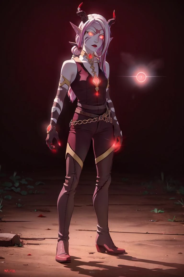Bloodmoon Huntress, elf, horns, one broken horn, (red background), (red magic, shooting red magic, red aura), (red glowing eyes:1.5), (realistic:1.2), (masterpiece:1.2), (full-body-shot:1.2),(Cowboy-shot:1.2), dark romantic lighting, (highly detailed:1.2), (detailed face:1.2), (gradients), colorful, detailed eyes, (natural lighting:1.2), solo, <lora:add_detail:0.3> <lora:DragonPrince_BloodmoonHuntress-10:0.7> <lora:BeautifulEyes:0.3>