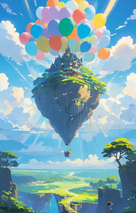 acrylic palette knife painting, ultra-detailed, (best quality), ((masterpiece)), vibrant, pastel colors, a magical floating island carried by floating balloons, (god rays:2), golden ratio, fake detail, trending pixiv fanbox, style of makoto shinkai studio ghibli genshin impact james gilleard greg rutkowski chiho aoshima