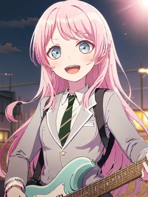 masterpiece, 1girl, :d, bangs, black choker, blue eyes, blush, choker, (cowboy shot:1.3), collared shirt, grey eyes, grey jacket, long hair, miniskirt, necktie, pink hair, school uniform, shirt, skirt, upper body, ugly, animated by kyoto animation, aesthetic pink hair, light blue eyes, high detail, highly detailed eyes, beautiful eyes, looking at the viewer, (adult:1.3), happy, smiling, electric guitar, guitar, holding a guitar, smiling, open mouth, <lora:AnonXL:0.7>