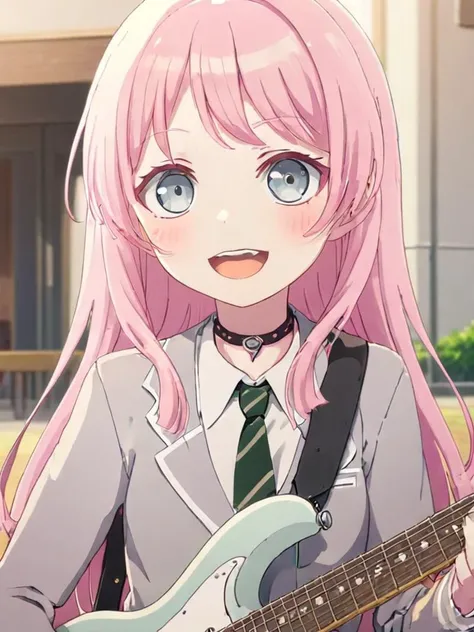 masterpiece,1girl,:d,bangs,black choker,blue eyes,blush,choker,(cowboy shot:1.3),collared shirt,grey eyes,grey jacket,long hair,miniskirt,necktie,pink hair,school uniform,shirt,skirt,upper body,ugly,animated by kyoto animation,aesthetic pink hair,light blue eyes,high detail,highly detailed eyes,beautiful eyes,looking at the viewer,(adult:1.3),happy,smiling,electric guitar,guitar,holding a guitar,smiling,open mouth,<lora:AnonXL:0.7>,