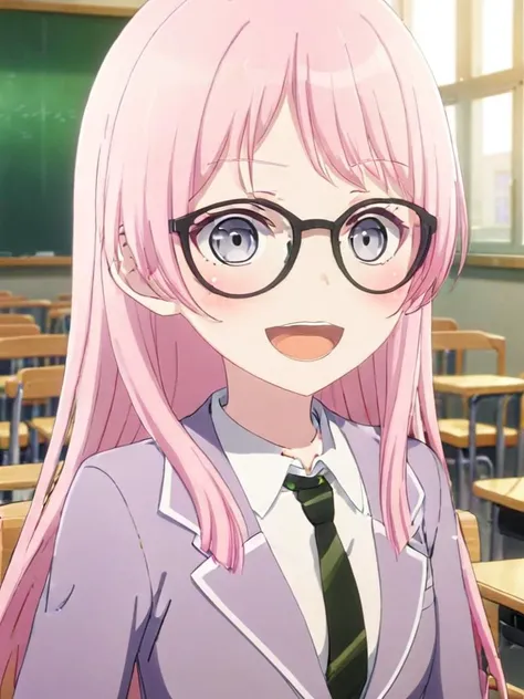 <lora:AnonXL:0.7> 1girl, bangs, black choker, black-framed eyewear, blazer, blush, close-up, closed mouth, collared shirt, dress, long hair, looking at viewer, open mouth, pink hair, school chair, school uniform, sidelocks, smile, solo, solo focus, upper body, high quality, best quality, masterpiece, best rendering, animated by Kyoto Animation, animated by ufotable, animated by A-1 Pictures