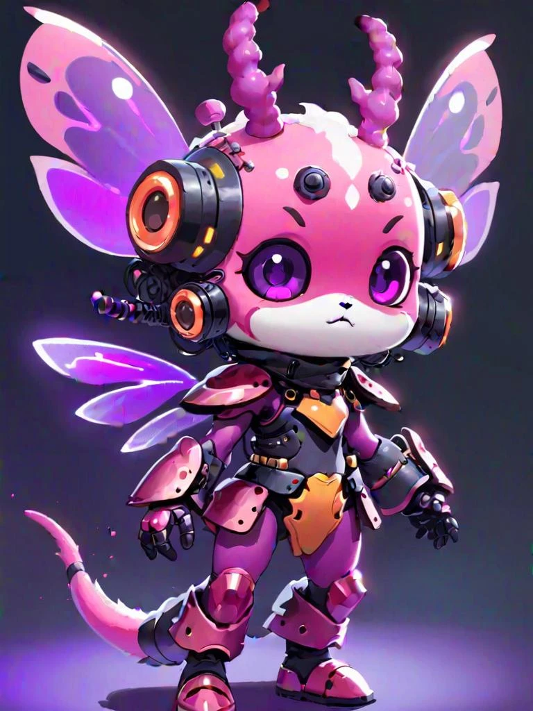 1girl, fur pink with super fluffy face and covered in purple insect-like armor, electrified ant antennae, violet and purple with neon green gears tail, chordophone, best quality, masterpiece