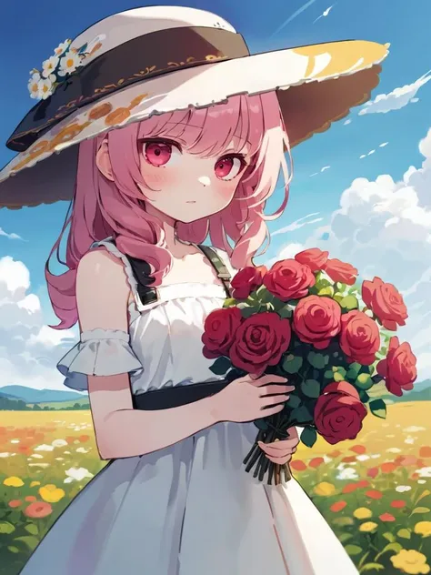 (masterpiece, best quality),1girl,flower,solo,dress,holding,sky,cloud,hat,outdoors,bangs,bouquet,rose,expressionless,blush,pink hair,flower field,red flower,pink eyes,white dress,looking at viewer,midium hair,holding flower,small breasts,red rose,holding bouquet,sun hat,white headwear,depth of field,