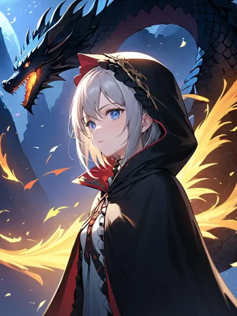 ((masterpiece)),(((best quality))),illustration,1 girl,mature female,small breast,beautiful detailed eyes,long sleeves, hoodie,frills, extremely detailed CG unity 8k wallpaper, Loong, dragon background, loong background, game cg, depth of field, Cape hood