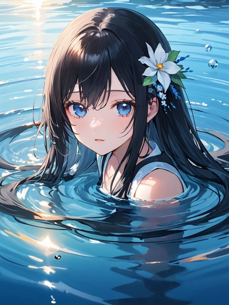 extremely detailed CG unity 8k wallpaper,best qualityï¼noon,beautiful detailed  waterï¼long black hairï¼beautiful detailed girlï¼serafuku,view straight on,eyeball,hair flower,close up