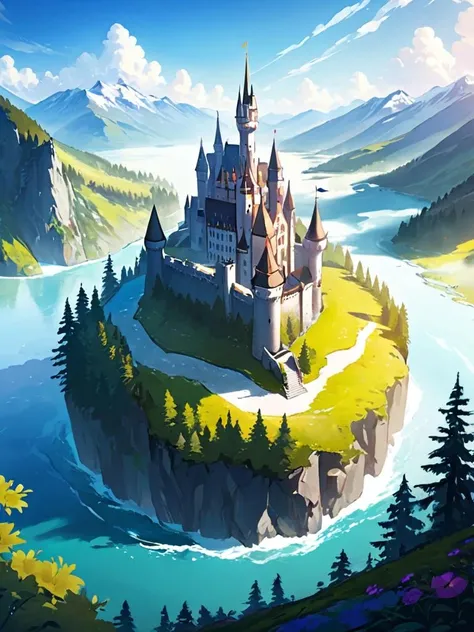 (extremely detailed CG unity 8k wallpaper),(((masterpiece))), (((best quality))), ((ultra-detailed)), (best illustration),(best shadow), ((an extremely delicate and beautiful)),dynamic angle,floating,
The detailed castle, (((the best building))),
mist encircles the mountains,fairyland,dynamic angle,classic,(detailed light),feather, nature, (sunlight), river, forest,flowers,beautiful and delicate water,(painting),(sketch),(bloom),(shine)