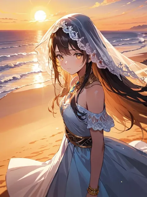 cinematic lighting, ((best quality)),((extremely_detailed_eyes_and_face)),((((ink)))),((illustration)),depth of field,((extremely detailed)),((watercolor)),((anime face)),(((dramatic_angle))),medium_breast,(8k_wallpaper),((bright_eyes)), (looking_at_viewers),(an detailed organdie dress),(((((very_close_to_viewers))))),((sleepy)),((masterpiece)),((((((surrounded_by_heavy_floating_sand_flow_and_floating_sharp_stones)))))),(((((messy_long_hair))))),((((veil)))),focus_on_face,(upper_body),(bare_shoulder),((((1girl)))),(golden_bracelet),(long yarn),((sunset)),lens_flare,light_leaks,((detailed_beautiful_desert_with_cactus)),medium_wind,(detailed_beautiful_sky)
