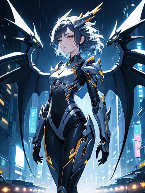{{master piece}},best quality,illustration,1girl,small breast,beatiful detailed eyes,beatiful detailed cyberpunk city,flat_chest,beatiful detailed hair,wavy hair,beatiful detailed steet,mecha clothes,robot girl,cool movement,sliver bodysuit,{filigree},dargon wings,colorful background,a dragon  stands behind the girl,rainy days,{lightning effect},beatiful detailed sliver dragon arnour,(cold face),