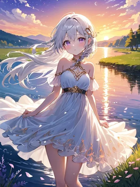 {{{masterpiece}}},{{best quality, super fine illustration , beautiful and delicate water,The finest grass}}. ((beautiful eyes)),{ very delicate light, perfect and delicate limbs},{nature, painting, water spray},{{ fine luminescence ,very fine 8K CG wallpaper}},Lavender eyes,pink pupils,whole body,white hair,bright eyes,( (an extremely delicate and beautiful girl)),((1 girl)),medium bust,dynamic angle,(white dress with gold decoration),(long hair flowing with the wind, beautiful hair ornaments, delicate wet skirt, nsfw, breeze, long bangs between eyes),wrinkled skirt,(staring blankly, lovely big eyes),messy_hair,payot,Lateral braid,(Tulle lace white skirt) Flowers and grass meadow,near the water edge,((sunset, starry sky in a circle), randomly distributed clouds, (((river))), splashing water, falling petals,